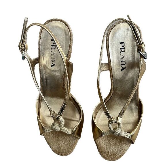 Prada Metallic Gold Peep Toe Wedge Heels - Picture 1 of 7